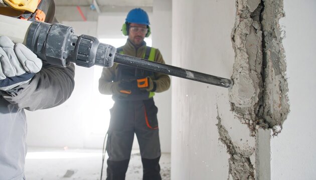 Construction Worker Demolishing Wall with Jackhammer.
