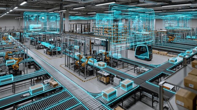 Futuristic automated factory assembly line with digital twin overlay and robotics in a modern industrial setting
