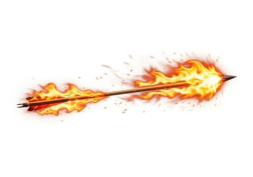 Flaming wooden arrow flying through the air with bright orange and yellow fire flames