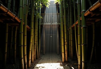 Obraz premium Sunlight Filtering Through Vibrant Green Bamboo Forest in Serene Courtyard