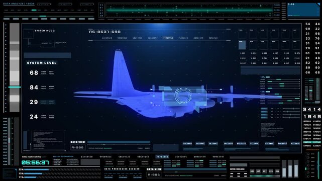Technology futuristic military jet wireframe on tactical Heads-Up Display interface with data scanning analysis dashboard 4K graphic motion