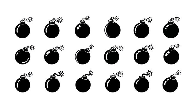 Explosion Icons Set, Black Round Bomb with Fuse, Danger Symbol, Vector Illustration