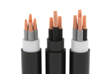 Obraz premium Three heavy duty electrical cables with exposed copper strands and insulated cores