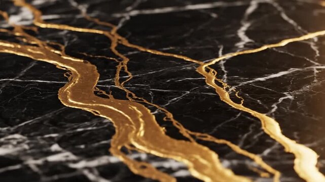 Macro view of a polished black marble texture with thick metallic gold veins and intricate white marble patterns, featuring selective focus and a warm side light flare effect.