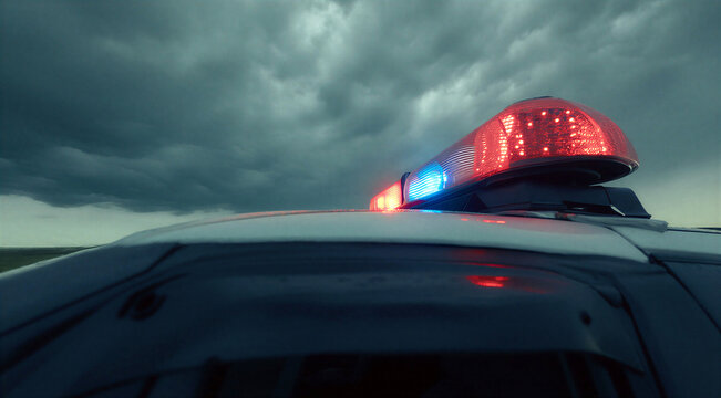 Closeup view of police car flashing red and blue lights under dark stormy sky with dramatic clouds