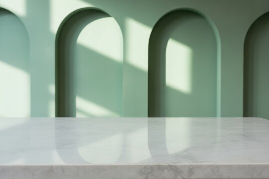 White marble countertop surface with sage green arched wall background, and sunlight shadows