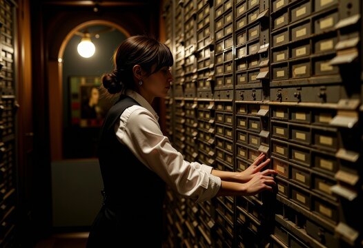 Dimly Lit Archive Room with Woman Accessing Vintage File Drawers