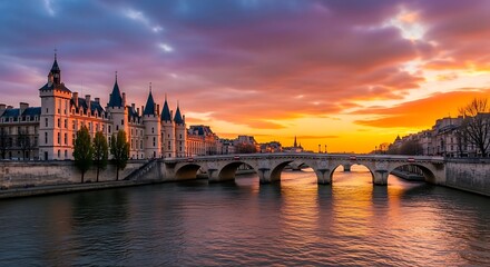 Fototapeta premium Dramatic cityscape at sunset with river and bridge architecture
