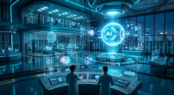 Futuristic AI Laboratory With Advanced Hologram Technology