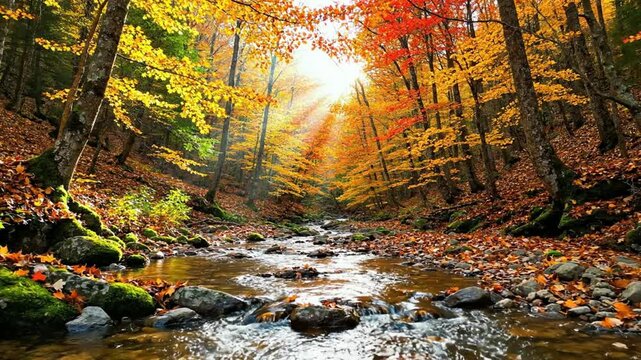 Sunlight filters through trees beside a peaceful forest stream.