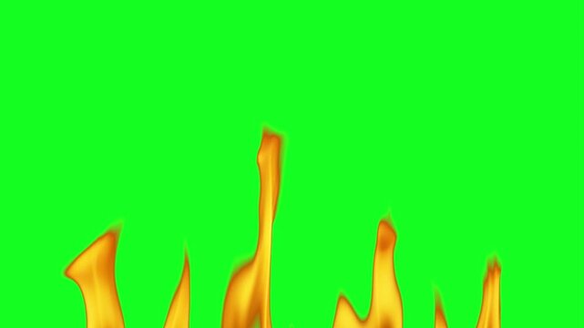 Thin fire stream flickering animation on green screen chroma key background with realistic orange red flames burning intensely flickering thinly for VFX video editing motion graphics professional 4k