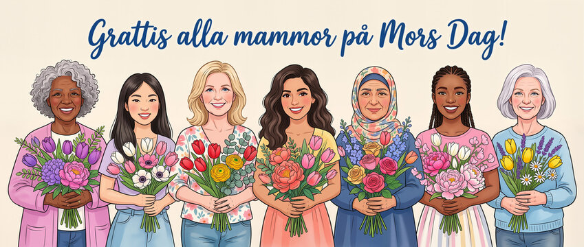&ldquo;Grattis p&aring; Mors Dag&rdquo; Swedish Mother&rsquo;s Day greeting with multicultural women