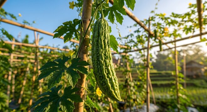 Fresh green bitter gourd or bitter melon hanging on a bamboo trellis in a rural farm garden illuminated by morning sunlight