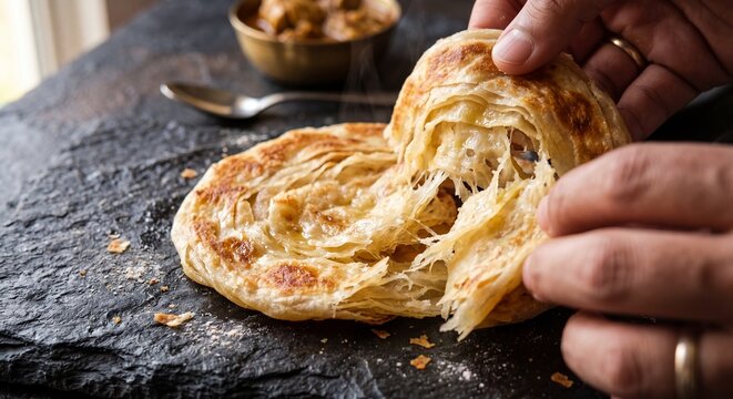 Hands Tearing Flaky Kerala Malabar Parotta On Dark Slate