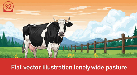 Black and white cow standing in a wide green pasture with wooden fence and mountains. © Ilma