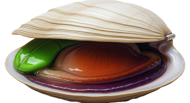 A colorful clamshell with a green and brown interior isolated on transparent background