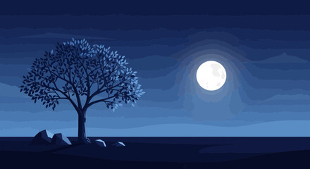 Pixel Art Night Scene: Lone Tree Under Full Moon and Cloudy Sky © Ilma
