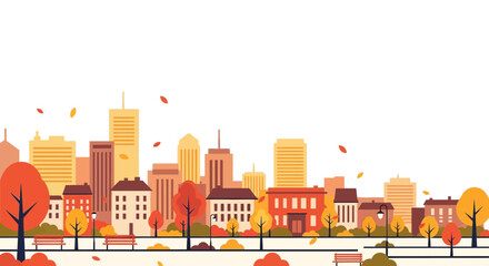 Obraz premium Autumn Cityscape Skyline with Colorful Trees and Falling Leaves