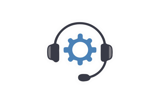 Customer support headset with blue gear icon, vector illustration isolated on transparent background for tech service, call center, help desk, maintenance, online assistance and workflow UX.