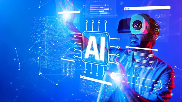 Futuristic Man Using Virtual Reality Headset with AI Graphics and Data Visualization in High-Tech Digital Environment Sigmoid