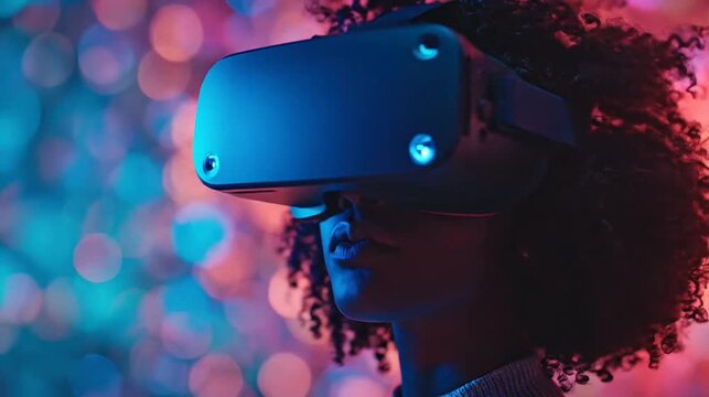 Person in VR headset looking up at colorful bokeh, immersed in virtual experience
