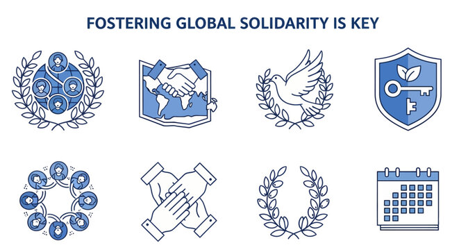 Eight blueandwhite icons related to unity and global cooperation arranged in two rows beneath the text FOSTERING GLOBAL SOLIDARITY IS KEY