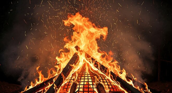 Burning fire flames with orange and yellow lights against a dark background