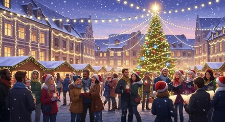 Obraz premium People Gathering at a Festive Christmas Market Square at Night.