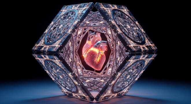 Geometric Tesseract Unfolding Revealing Glowing Heart Shape in Dark Space 3D Illustration