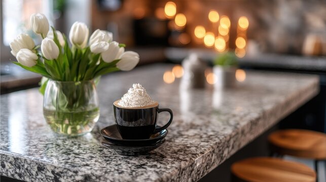 a close up, eye level shot of a modern kitchen counter made of black and white granite. on the left side of the counter, a clear glass vase holds