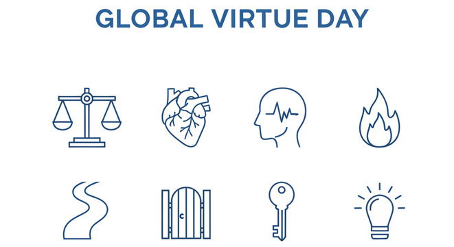 The text GLOBAL VIRTUE DAY sits above eight blue lineart icons arranged in two rows of four on a plain white background