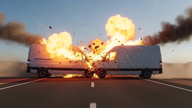 Headon collision between two white delivery vans with a large explosion