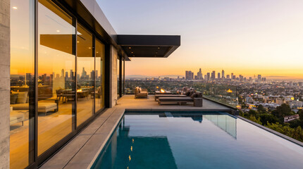 Fototapeta premium Contemporary villa outdoor patio deck, with glass walls and swimming pool reflection, facing illuminated urban cityscape at dusk, in an upscale residential area, real estate photography