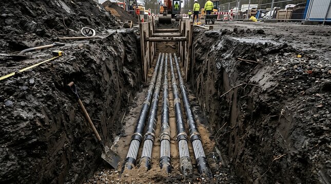 Heavy duty cables installed in a deep trench during construction project with construction, underground