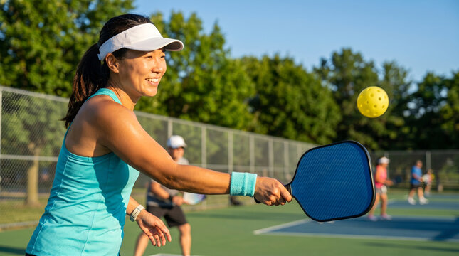 Smiling woman athlete wearing a white visor and teal tank top, holding a blue paddle near a yellow perforated ball, playing an active game, on an outdoor pickleball court, sports photography