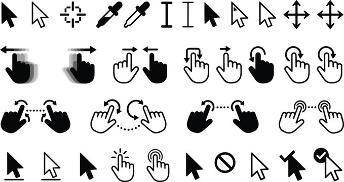 Mouse cursor and hand gesture icons set, UI UX interface elements collection, touch screen signs, click, swipe, pinch, zoom, drag, scroll, rotate, arrow pointer, web navigation symbols, vector set.