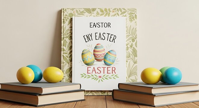 Easter eggs and books displayed with floral design against beige wall
