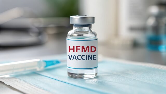 HFMD Vaccine Bottle with Syringe on Medical Table Background