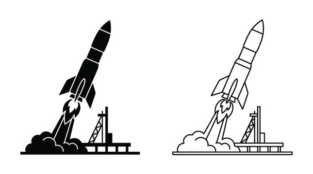 Black and white rocket launch icons detailed silhouette and outline vector illustrations of a spaceship taking off from a pad