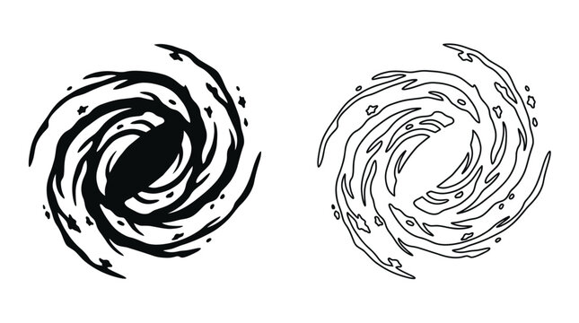 Dynamic energy vortex abstract swirl graphics stylized black and white vector illustrations on a clean white background