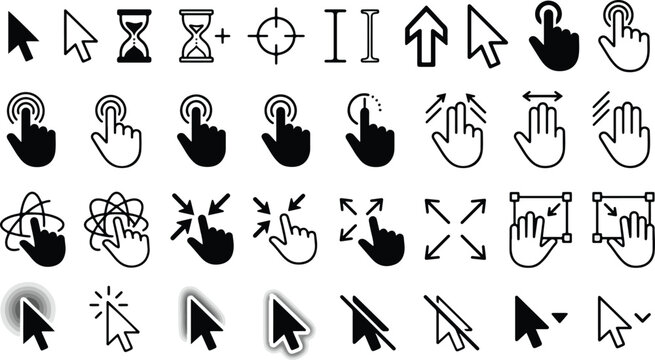 Mouse cursor and hand gesture icons set, UI UX interface elements collection, touch screen signs, click, swipe, pinch, drag, zoom, pointer arrow, hourglass, crosshair, web navigation vector symbols.