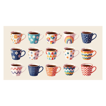 Colorful patterned coffee mugs, 15 tea cups with various on beige background, colorful patterns rainbow