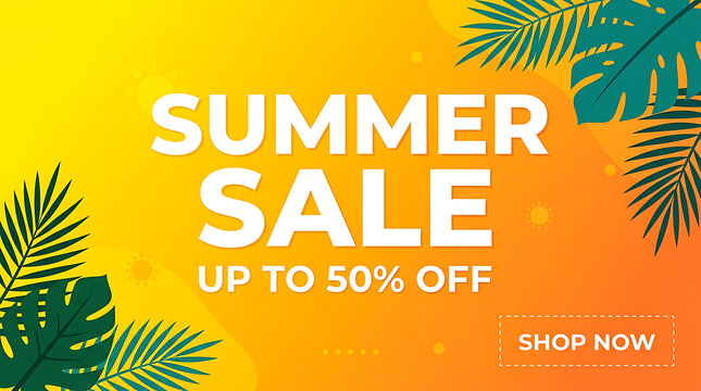 Summer sale up to 50% off promotion banner with tropical leaves background