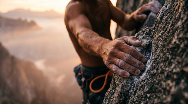 A muscular barechested male climber grips a granite rock face during a golden sunset, secured with climbing gear while ascending a mountain cliff above a foggy valley.