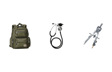 Fototapeta premium Diverse academic tools a student backpack, medical stethoscope, and geometric compass