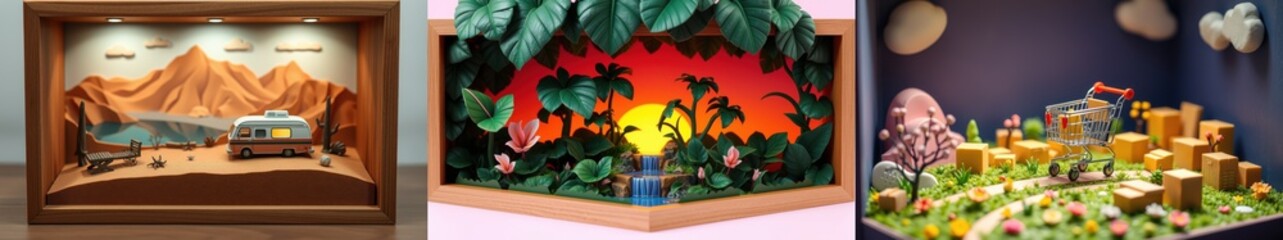 Obraz premium Three papercraft dioramas displayed. Scenes depict desert, jungle, cityscapes. Warm lighting highlights detailed handmade art pieces.