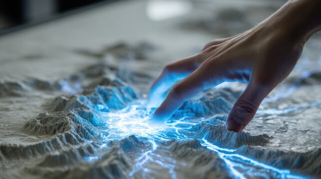 a close up, shallow depth of field shot of a human hand touching a map like surface, which is illuminated in bright blue, with lines resembling
