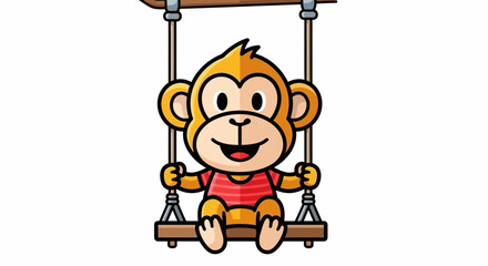 Cute cartoon monkey swinging on a wooden swing, isolated on white background © kuni