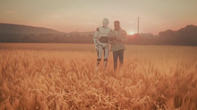 Peaceful sunset illustrating collaboration between human farmer and prototype robot in agricultural landscape