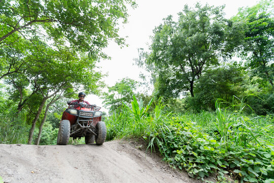 Person rides ATV through tropical path in sunny weather with green plants and tall grass around